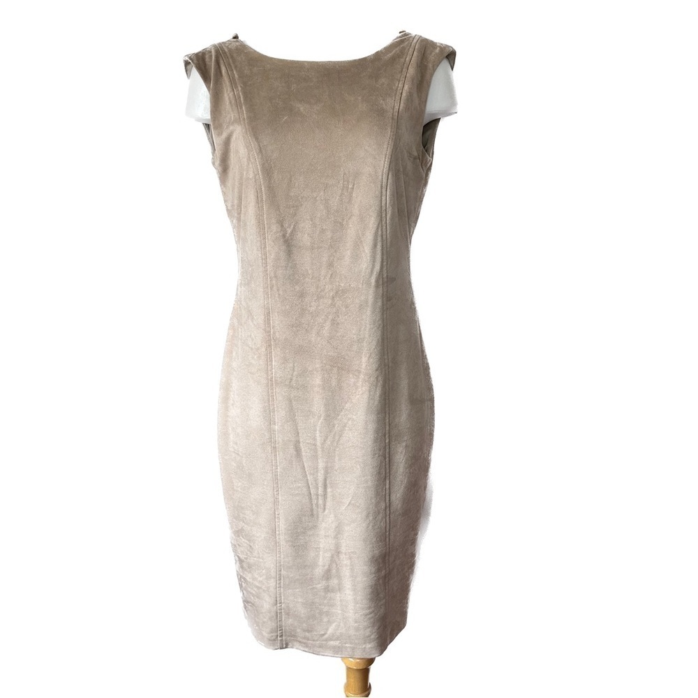 Frank Lyman Design Faux Suede Midi Sheath Dress V Neck Tan Size 8 Dark Academia